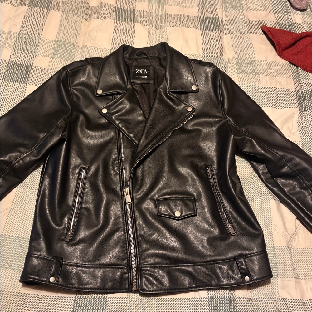 Zara Men's Dark Brown Leather Biker Jacket